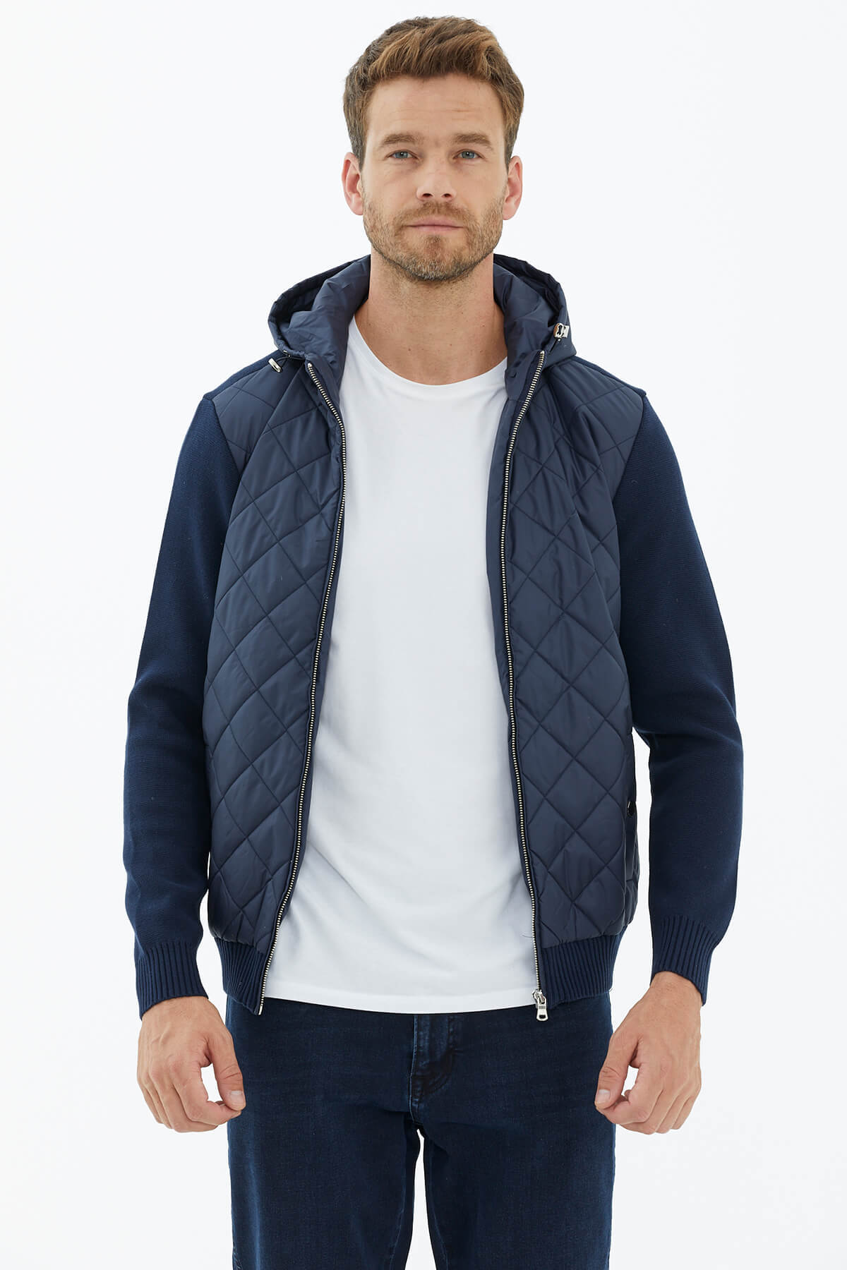 Kapüşonlu Fermuarlı Kapitone Triko Mont - Lacivert (2) Sementa