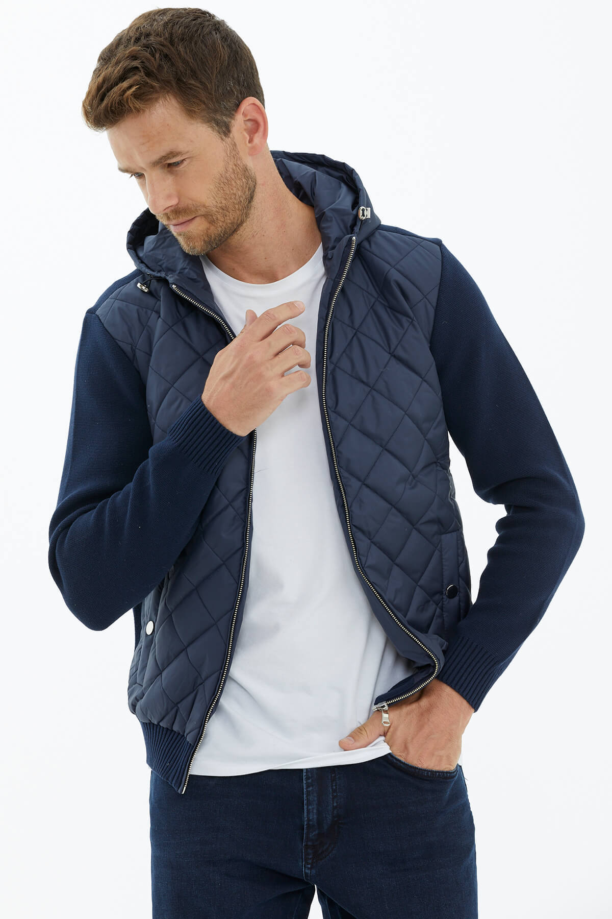 Kapüşonlu Fermuarlı Kapitone Triko Mont - Lacivert (3) Sementa