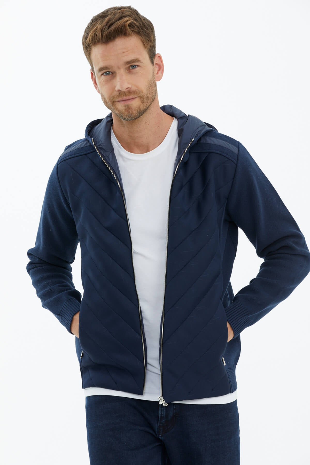 Kapüşonlu Fermuarlı Kapitone Triko Mont - Lacivert (2) Sementa