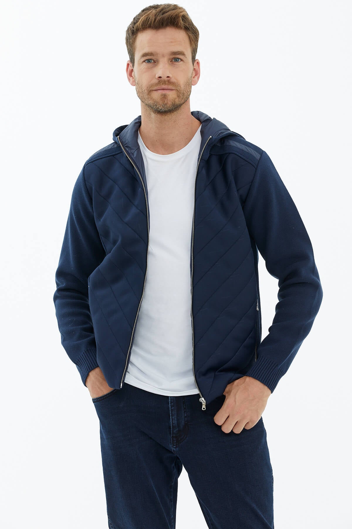 Kapüşonlu Fermuarlı Kapitone Triko Mont - Lacivert (3) Sementa