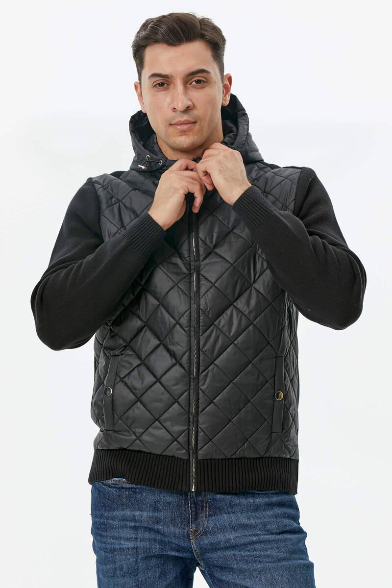 Kapüşonlu Fermuarlı Kapitone Triko Mont - Siyah (1) Sementa