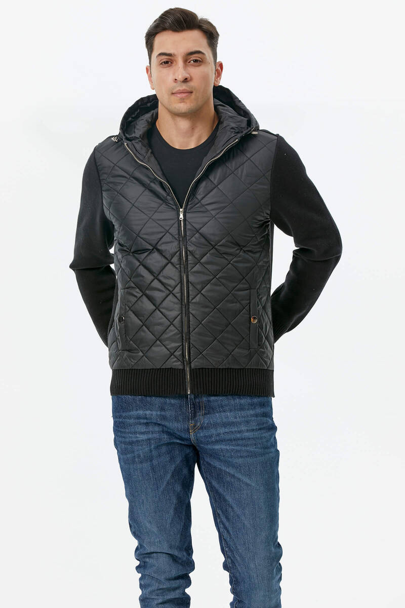 Kapüşonlu Fermuarlı Kapitone Triko Mont - Siyah (2) Sementa