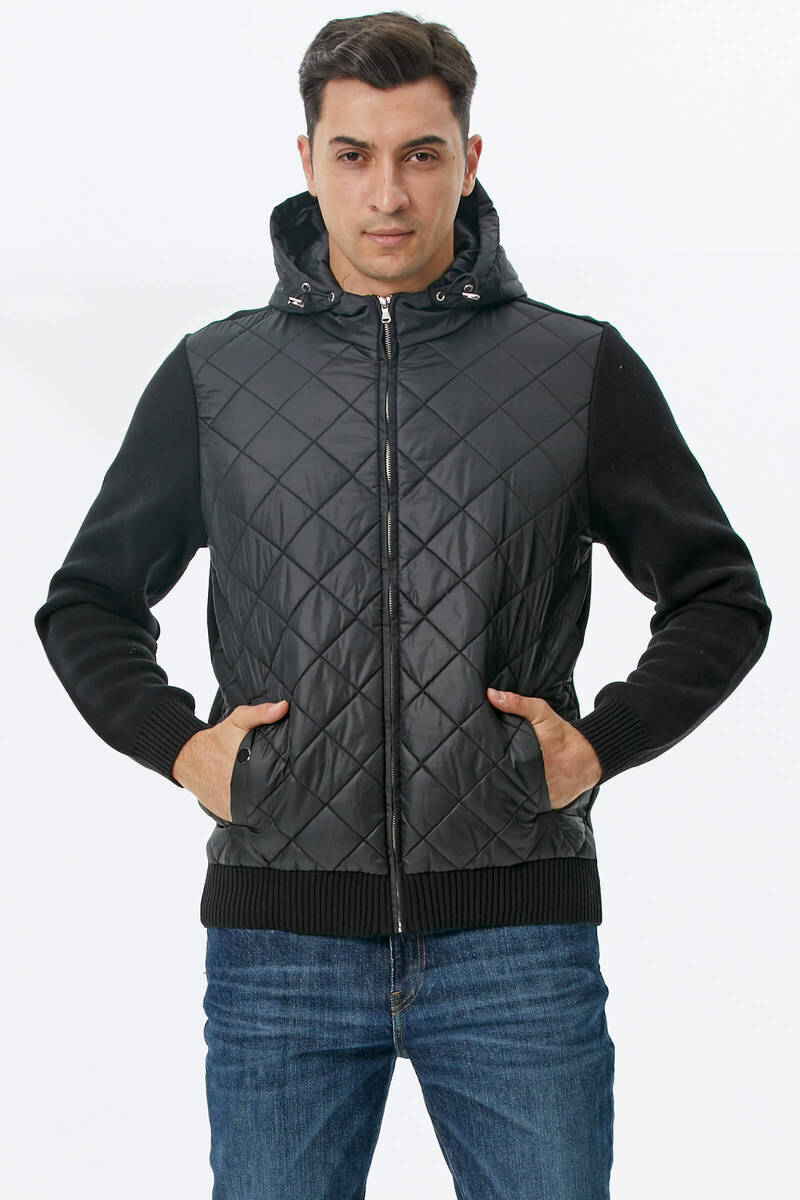 Kapüşonlu Fermuarlı Kapitone Triko Mont - Siyah (3) Sementa