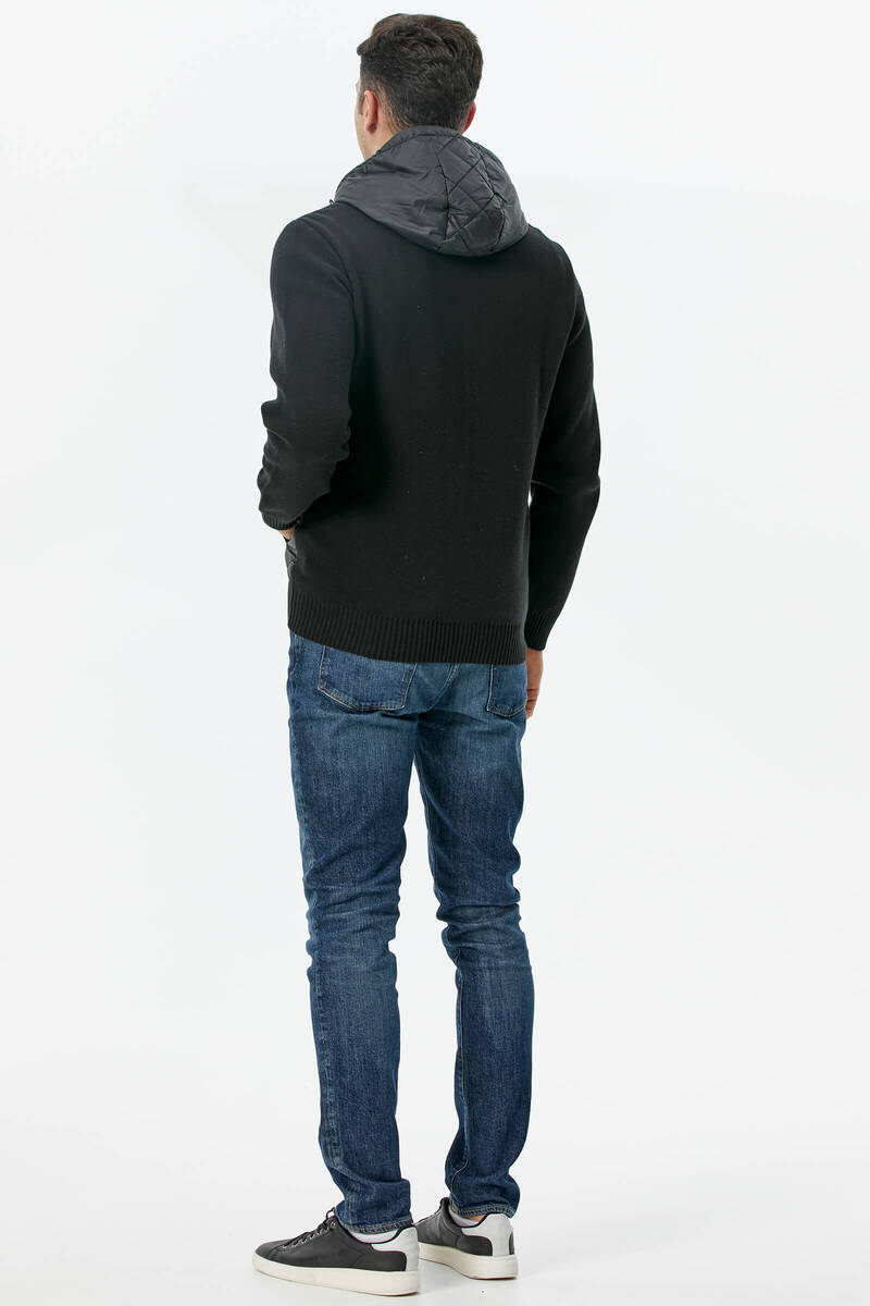 Kapüşonlu Fermuarlı Kapitone Triko Mont - Siyah (4) Sementa