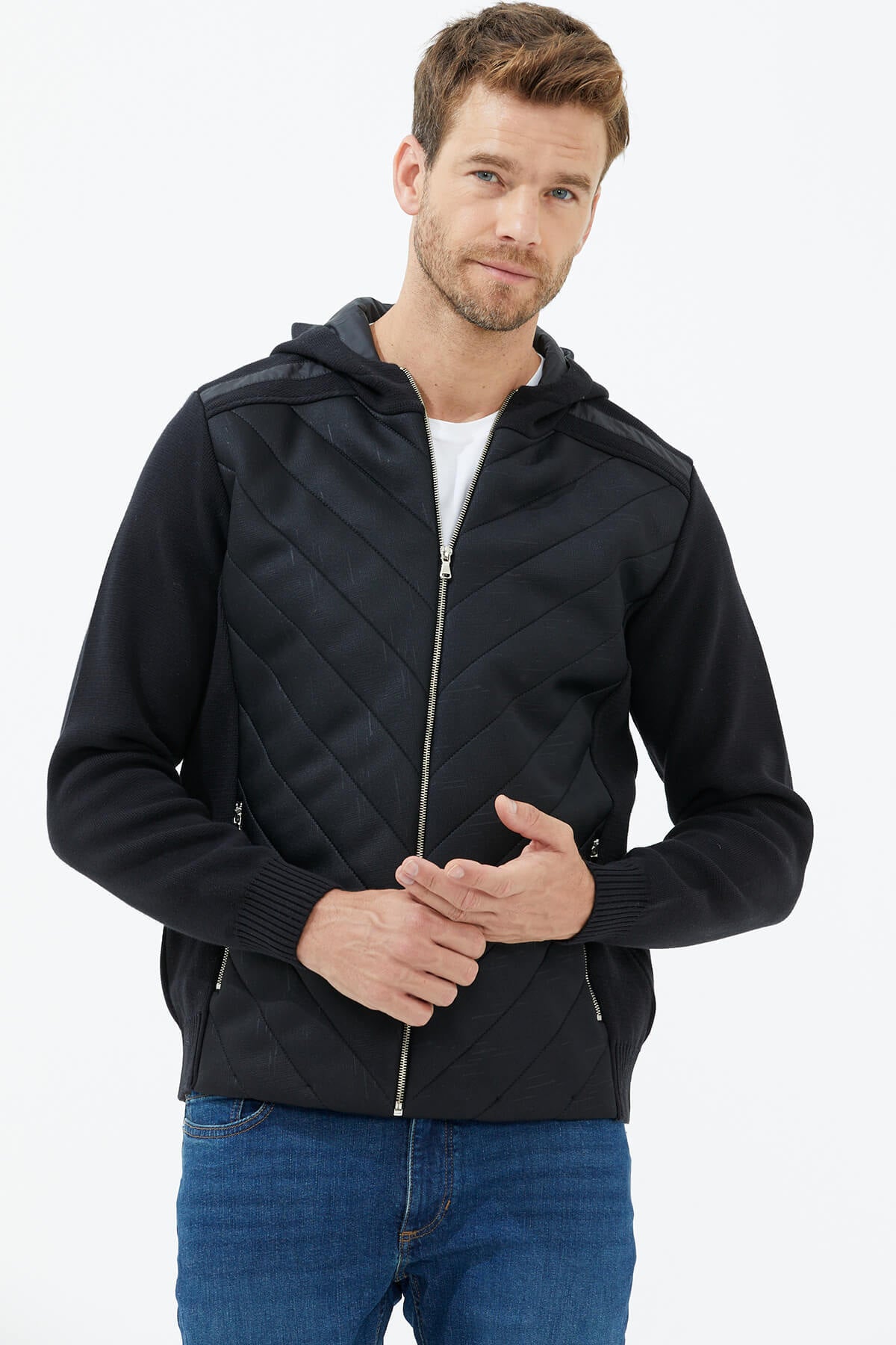 Kapüşonlu Fermuarlı Kapitone Triko Mont - Siyah (2) Sementa