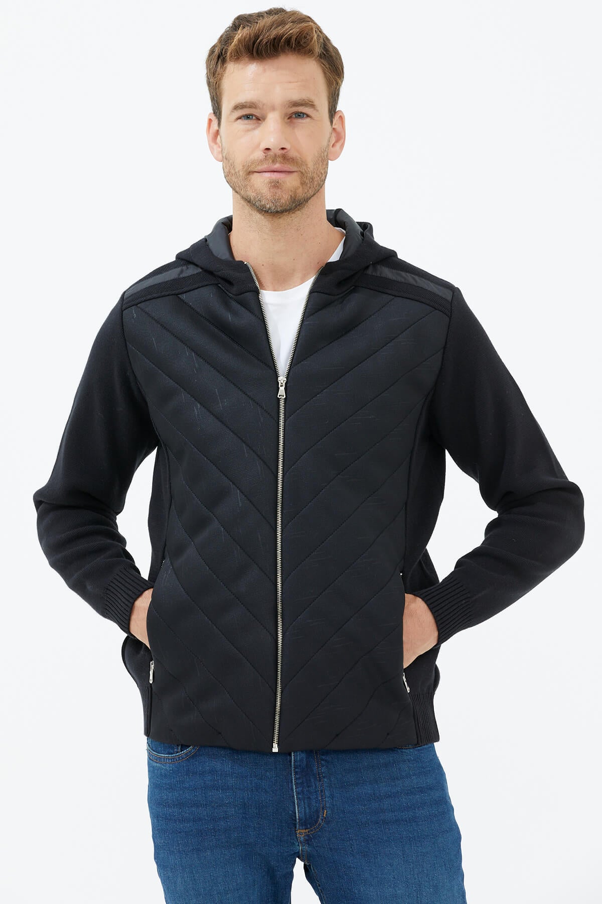 Kapüşonlu Fermuarlı Kapitone Triko Mont - Siyah (3) Sementa