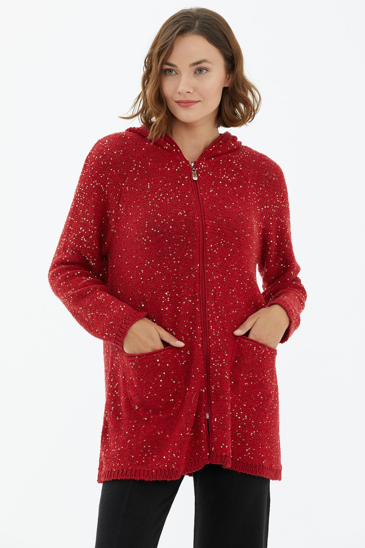 Kapüşonlu Fermuarlı Pullu Triko Hırka - Kırmızı (1) Sementa