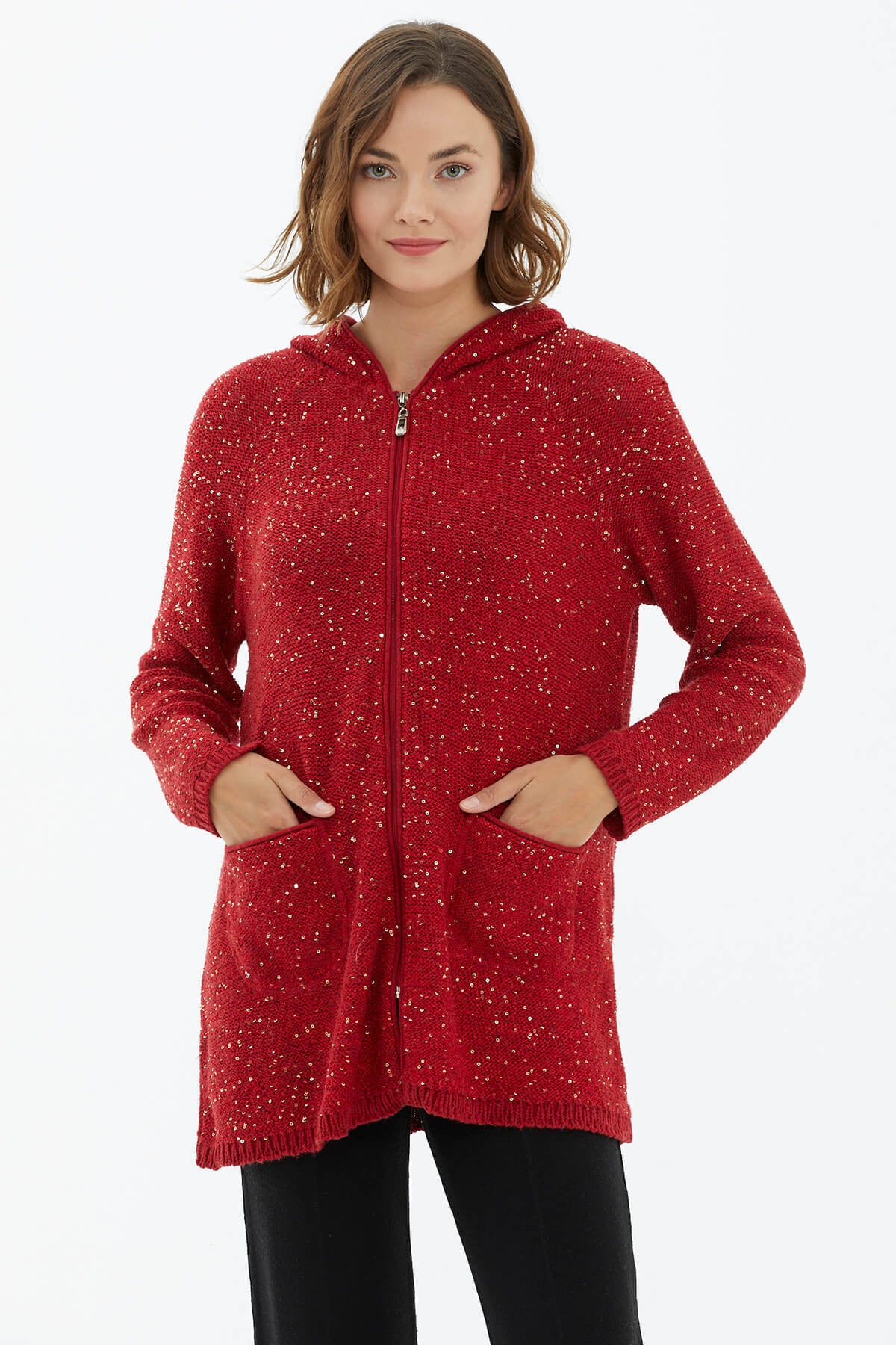 Kapüşonlu Fermuarlı Pullu Triko Hırka - Kırmızı (2) Sementa