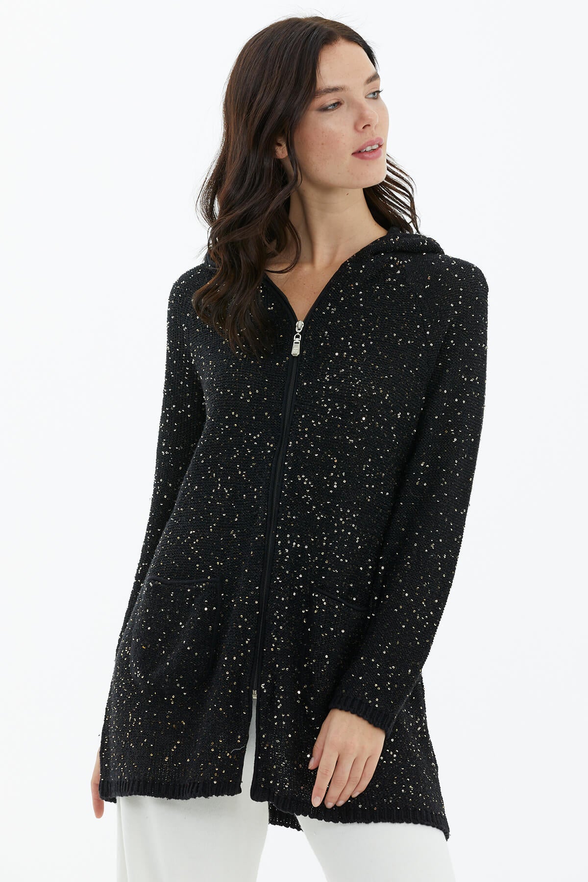 Kapüşonlu Fermuarlı Pullu Triko Hırka - Siyah (2) Sementa