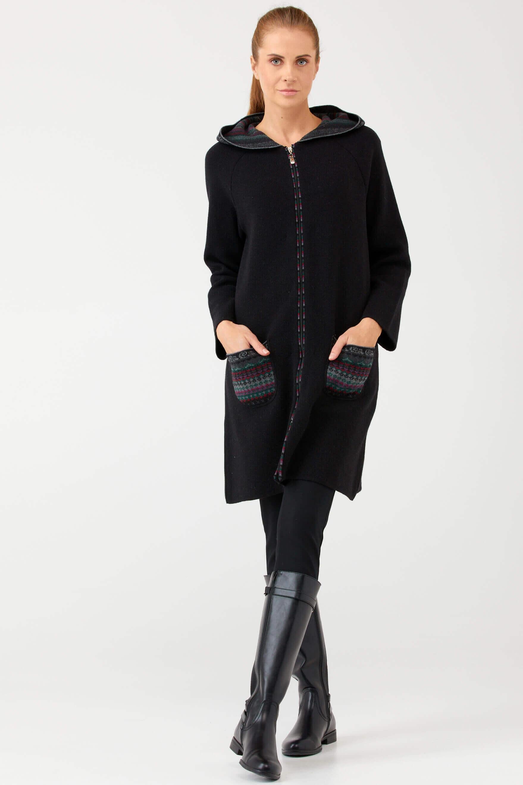 Kadın Kapüşonlu Fermuarlı Triko Ceket - Siyah (2) Sementa