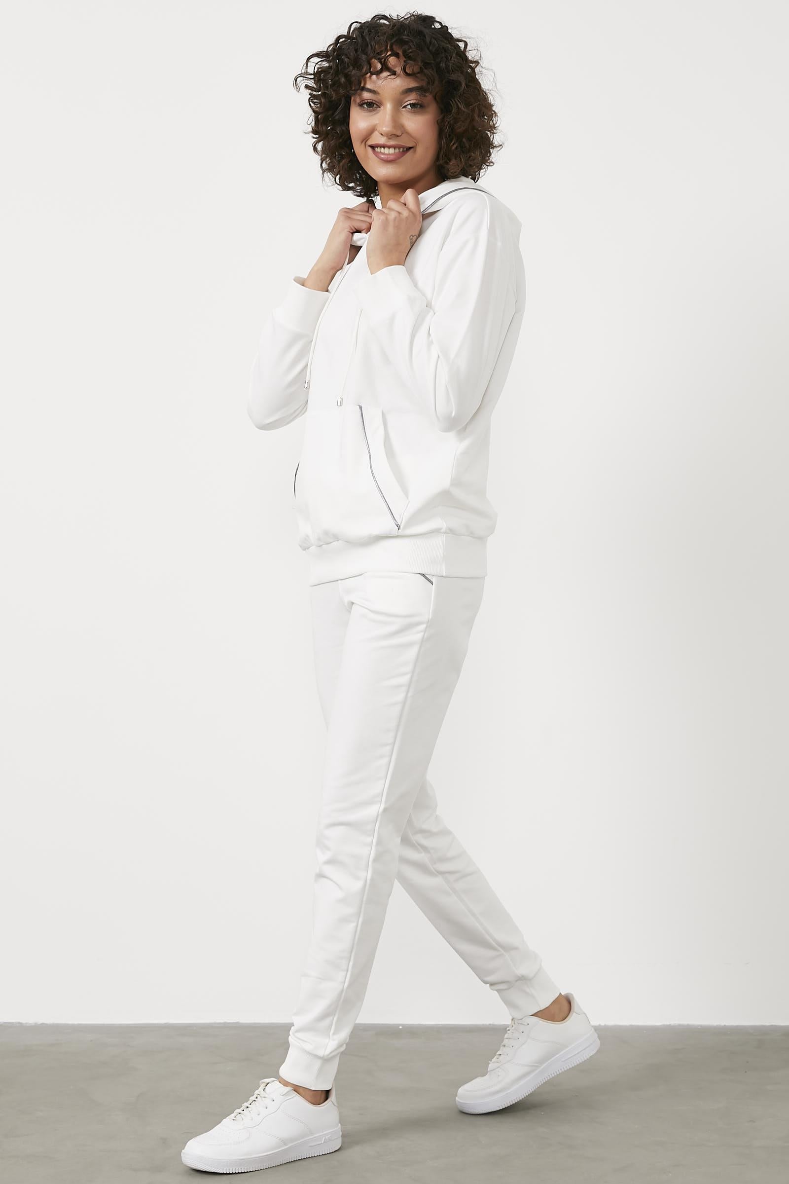 Kapüşonlu Kanguru Cepli Eşofman Takım - Ekru (3) Sementa