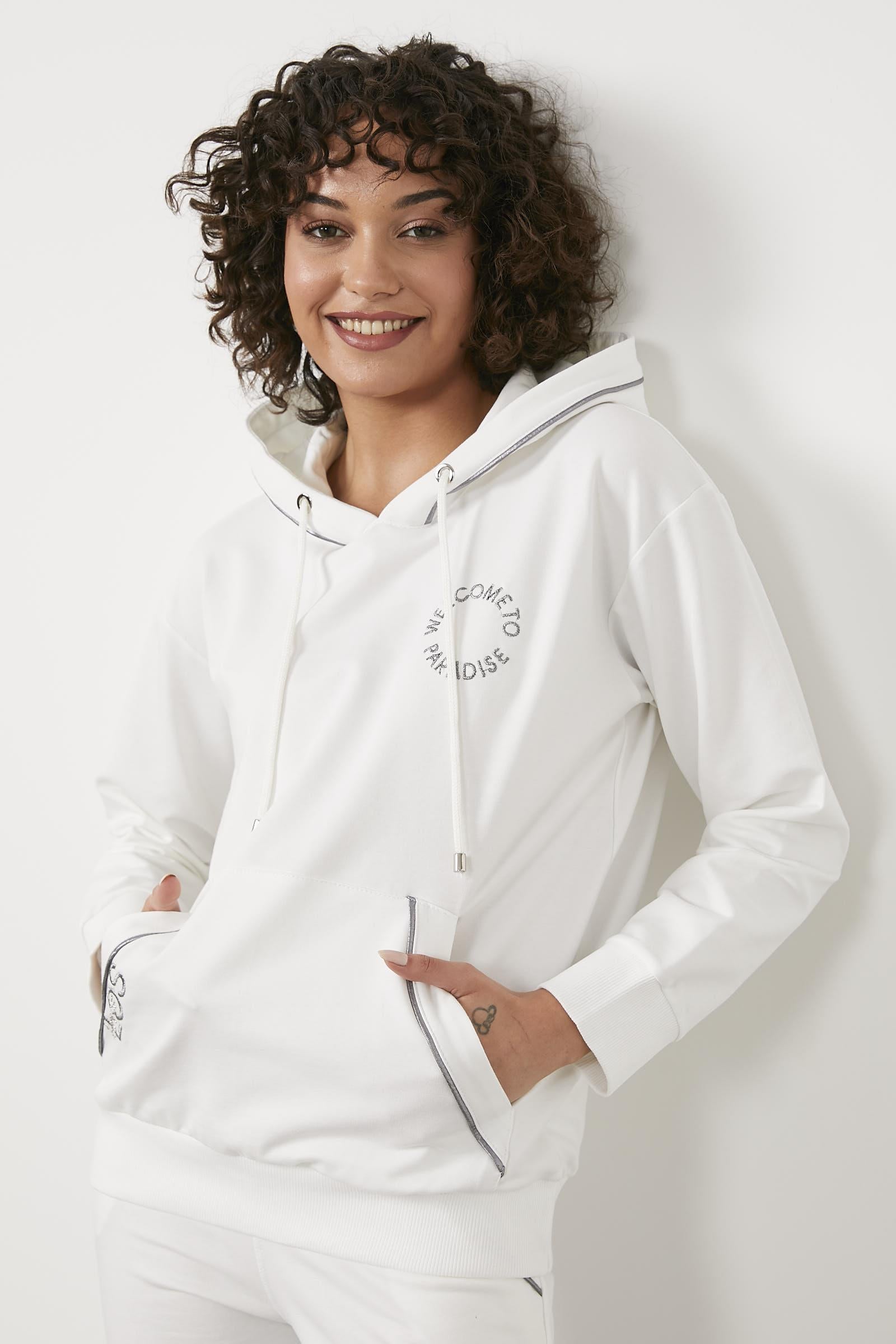 Kapüşonlu Kanguru Cepli Eşofman Takım - Ekru (5) Sementa