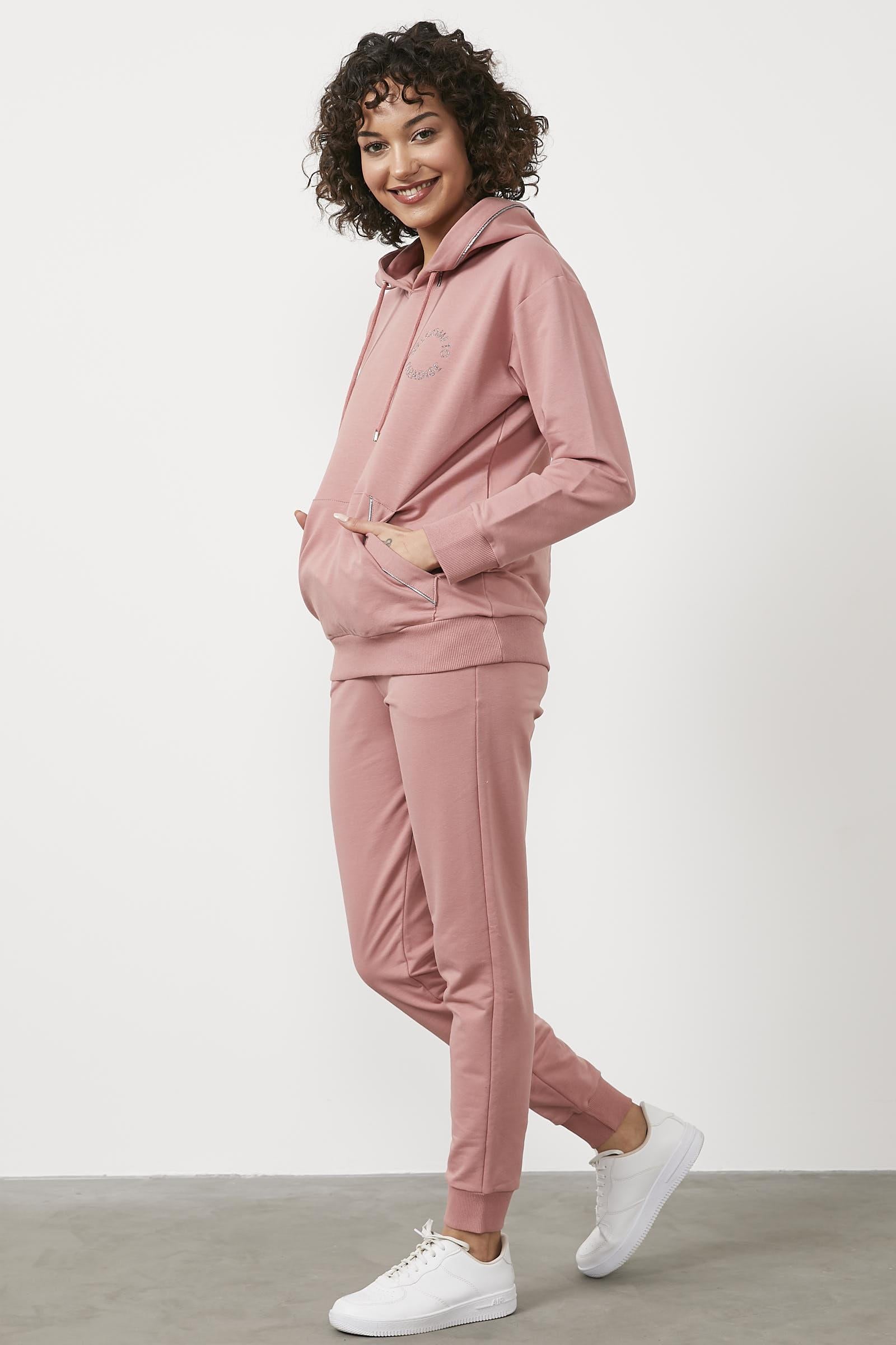 Kapüşonlu Kanguru Cepli Eşofman Takım - Gül Kurusu (4) Sementa