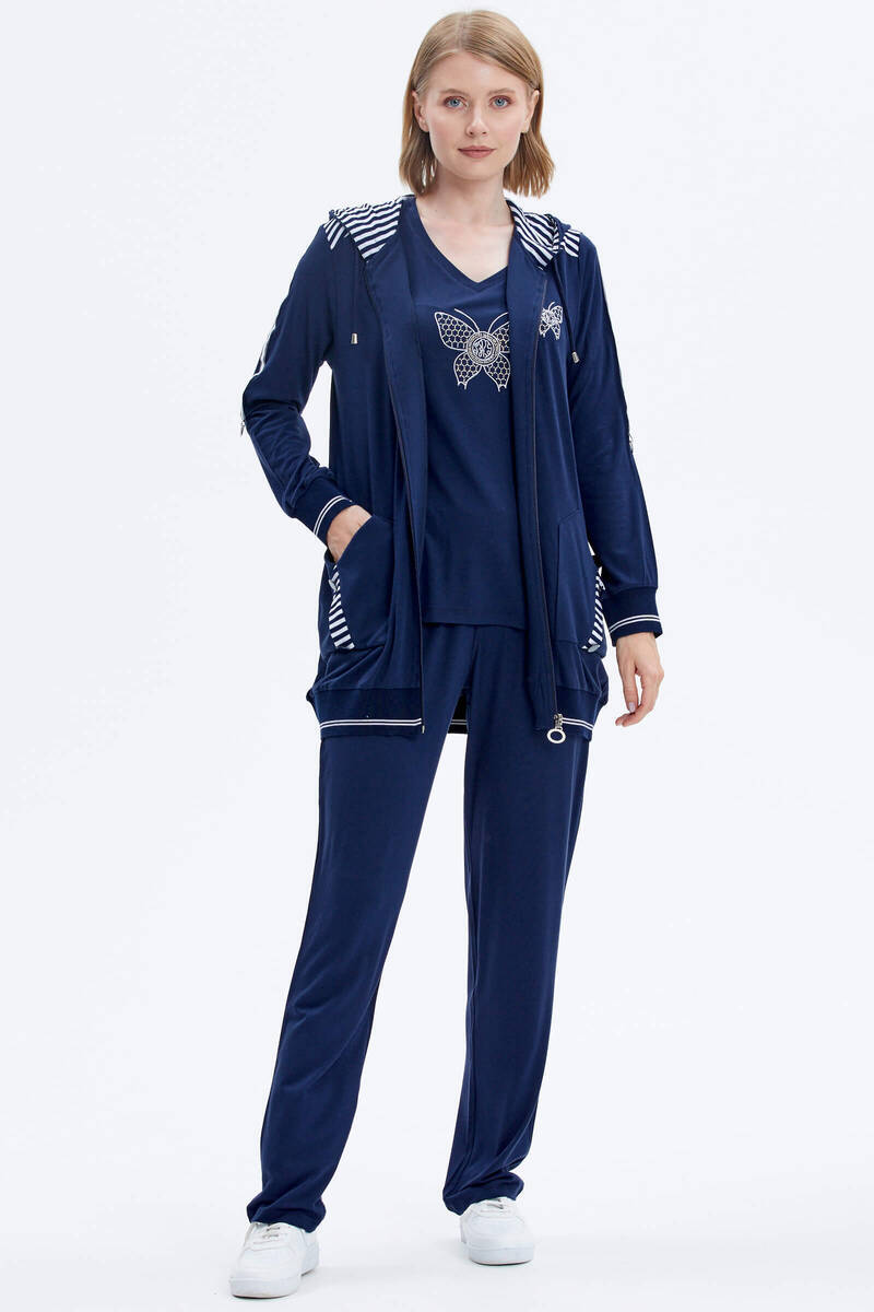 Kapüşonlu Kelebek Nakışlı Üçlü Takım - Lacivert (1) Sementa