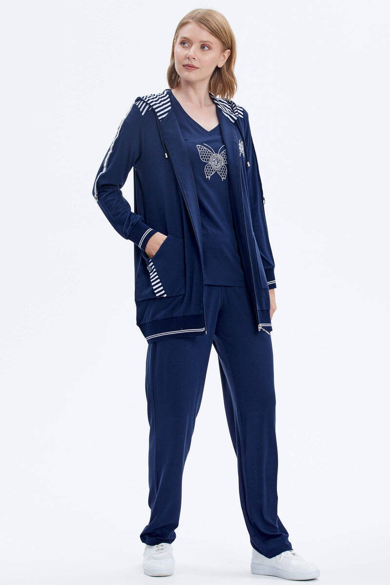 Kapüşonlu Kelebek Nakışlı Üçlü Takım - Lacivert (2) Sementa