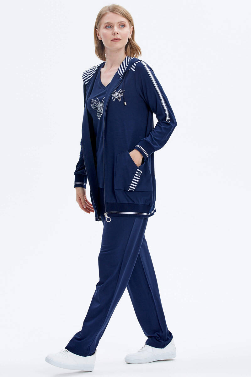 Kapüşonlu Kelebek Nakışlı Üçlü Takım - Lacivert (3) Sementa