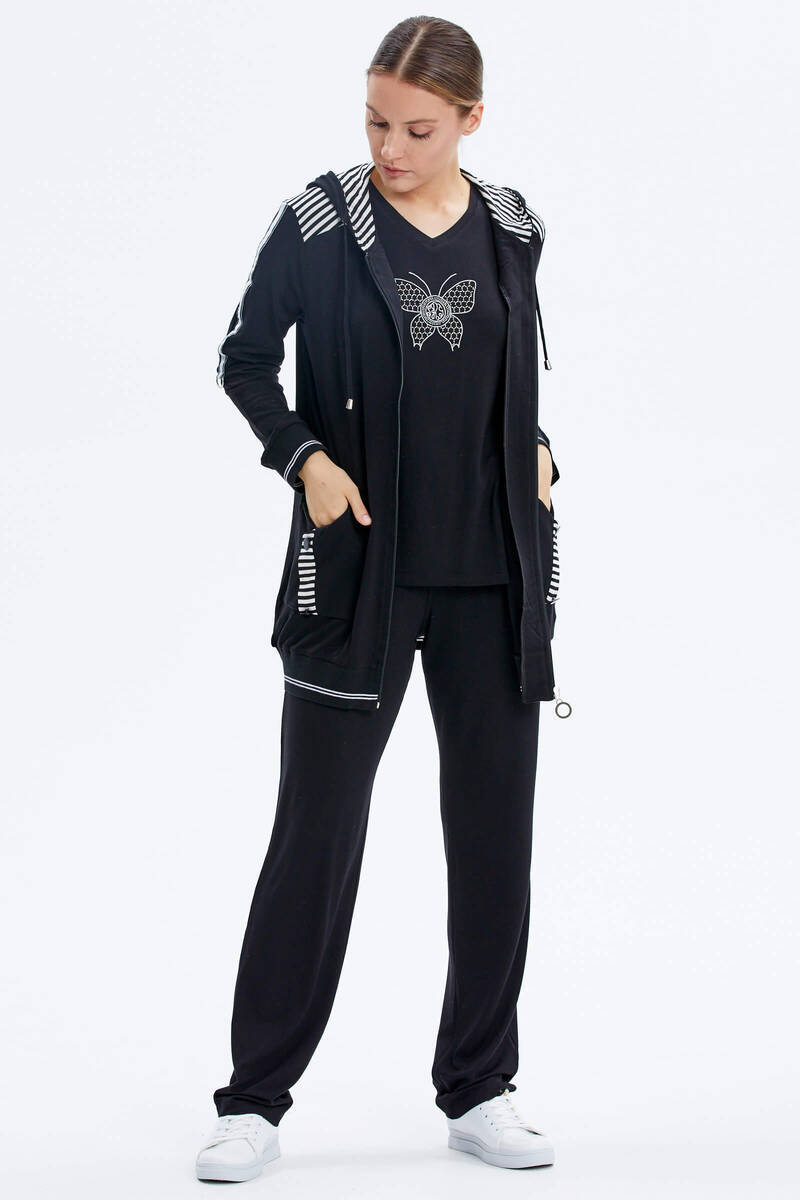 Kapüşonlu Kelebek Nakışlı Üçlü Takım - Siyah (1) Sementa