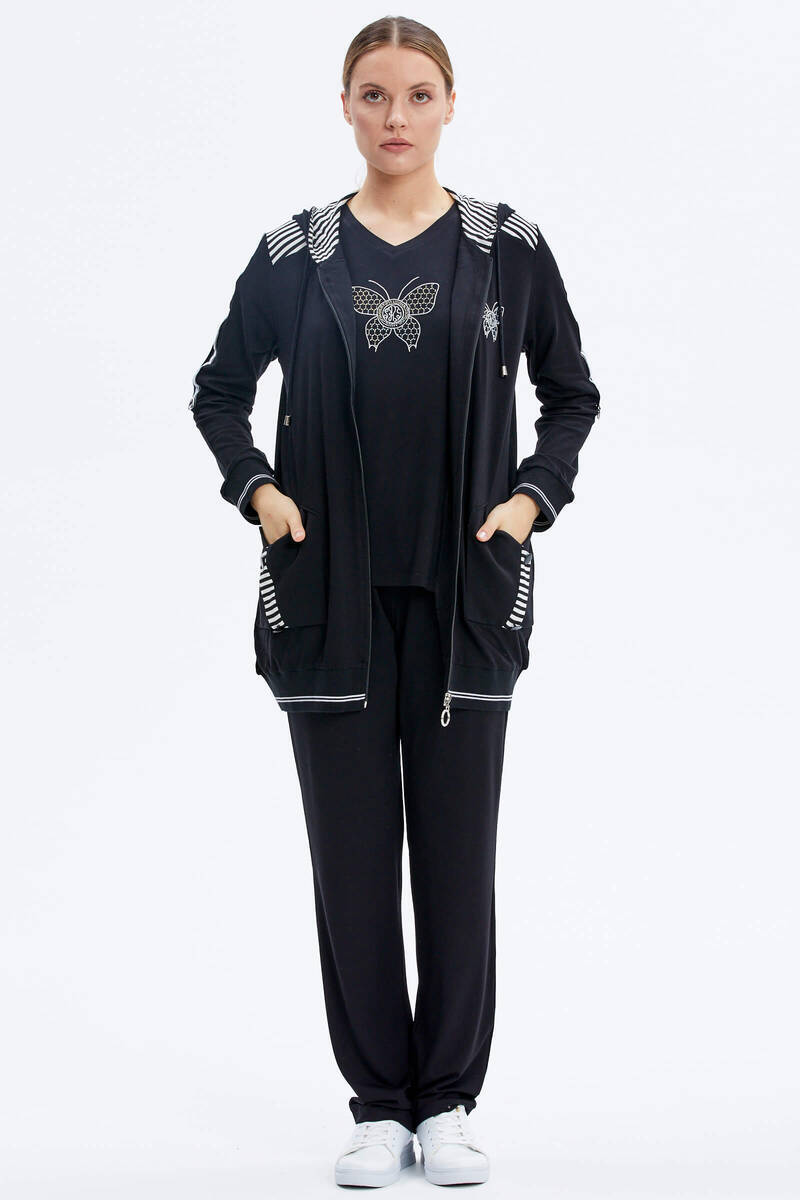 Kapüşonlu Kelebek Nakışlı Üçlü Takım - Siyah (2) Sementa