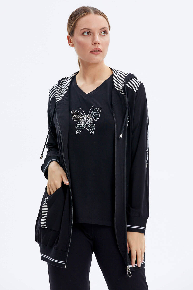 Kapüşonlu Kelebek Nakışlı Üçlü Takım - Siyah (3) Sementa