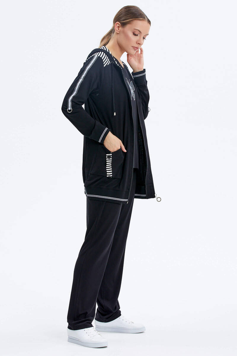 Kapüşonlu Kelebek Nakışlı Üçlü Takım - Siyah (5) Sementa