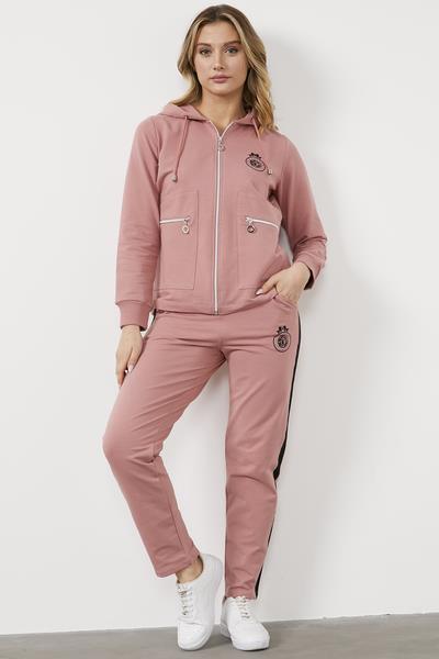 Kapüşonlu Metal Fermuar Detaylı Eşofman Takım - Gül Kurusu (1) Sementa