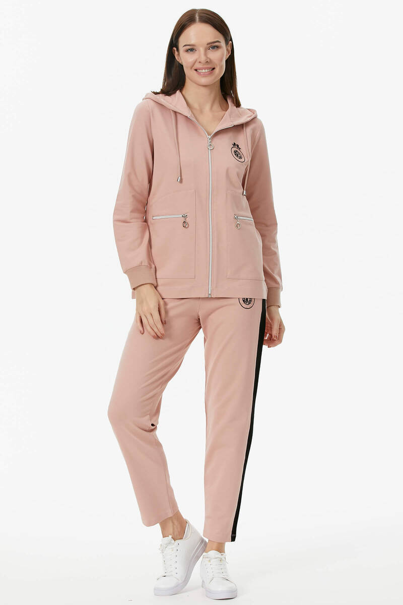 Kapüşonlu Metal Fermuar Detaylı Eşofman Takım - Pudra (4) Sementa