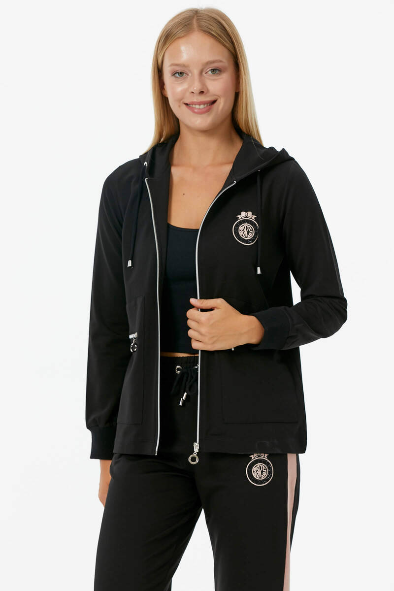 Kapüşonlu Metal Fermuar Detaylı Eşofman Takım - Siyah (2) Sementa