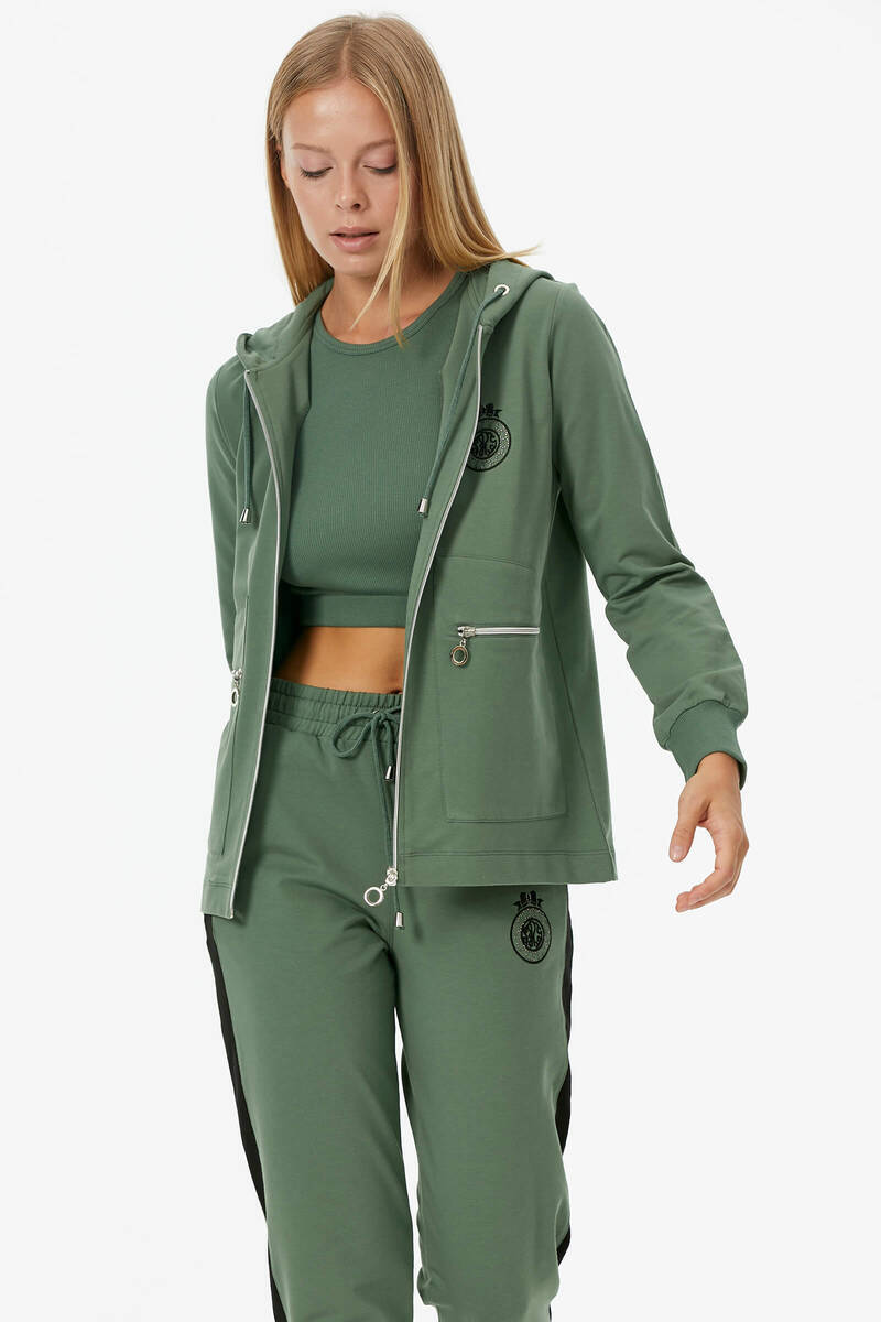 Kapüşonlu Metal Fermuar Detaylı Eşofman Takım - Yeşil (2) Sementa