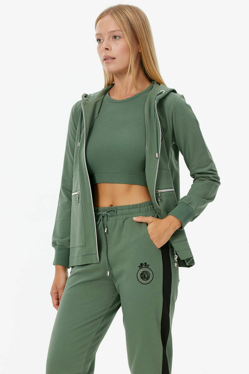 Kapüşonlu Metal Fermuar Detaylı Eşofman Takım - Yeşil (4) Sementa