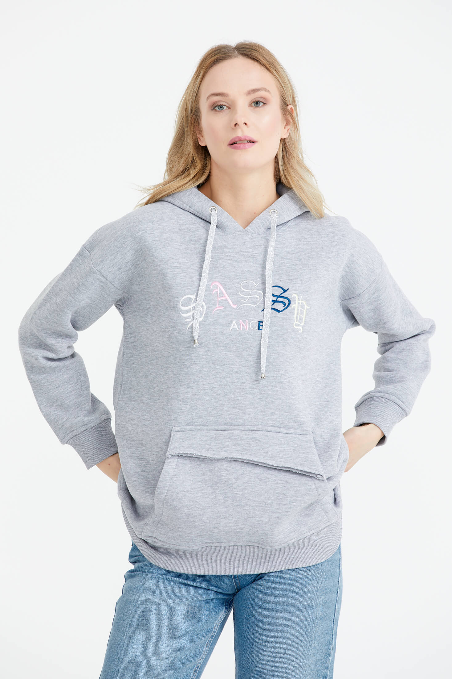 Kapüşonlu Nakış Detaylı Cepli Sweatshirt - Gri (1) Sementa