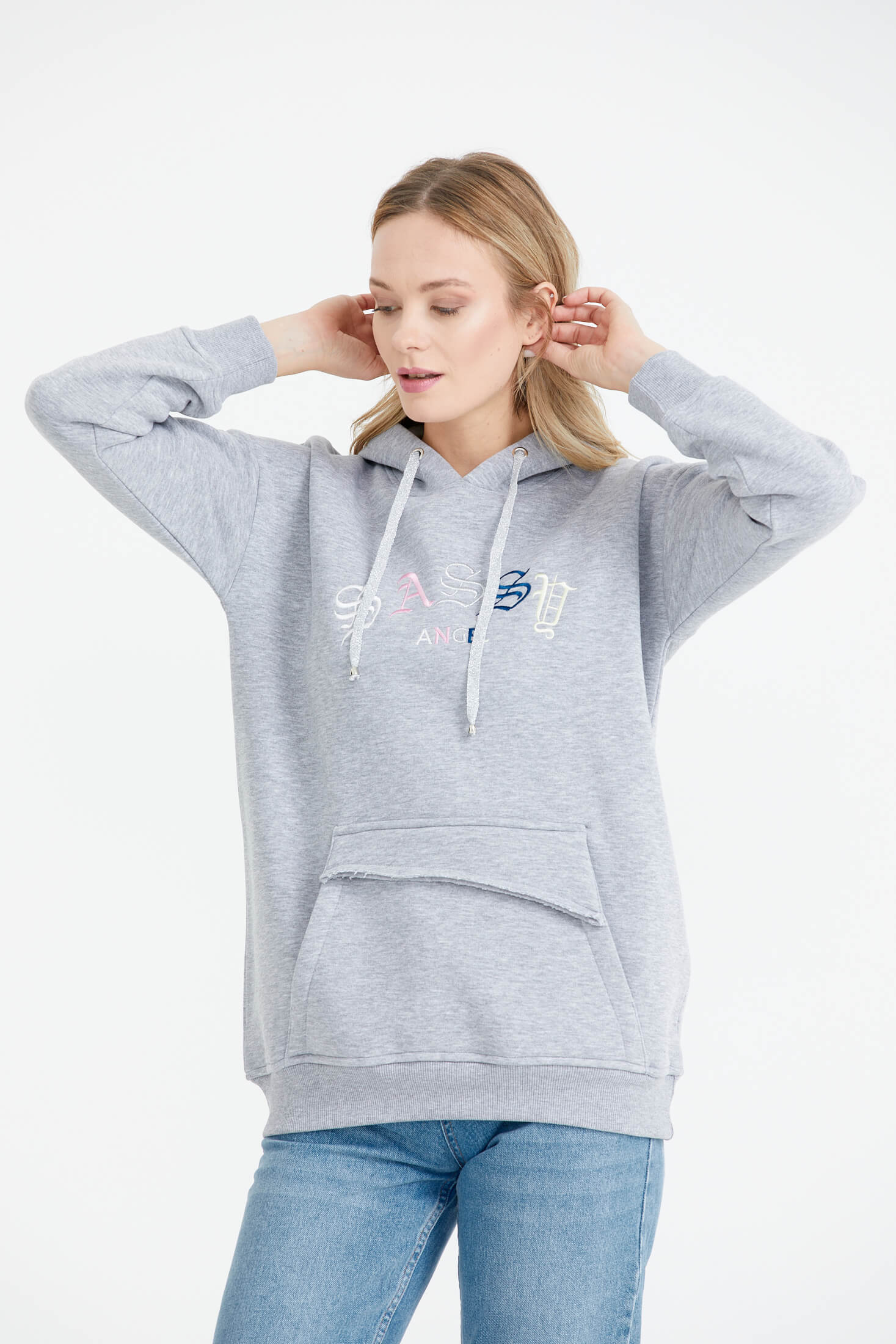 Kapüşonlu Nakış Detaylı Cepli Sweatshirt - Gri (2) Sementa