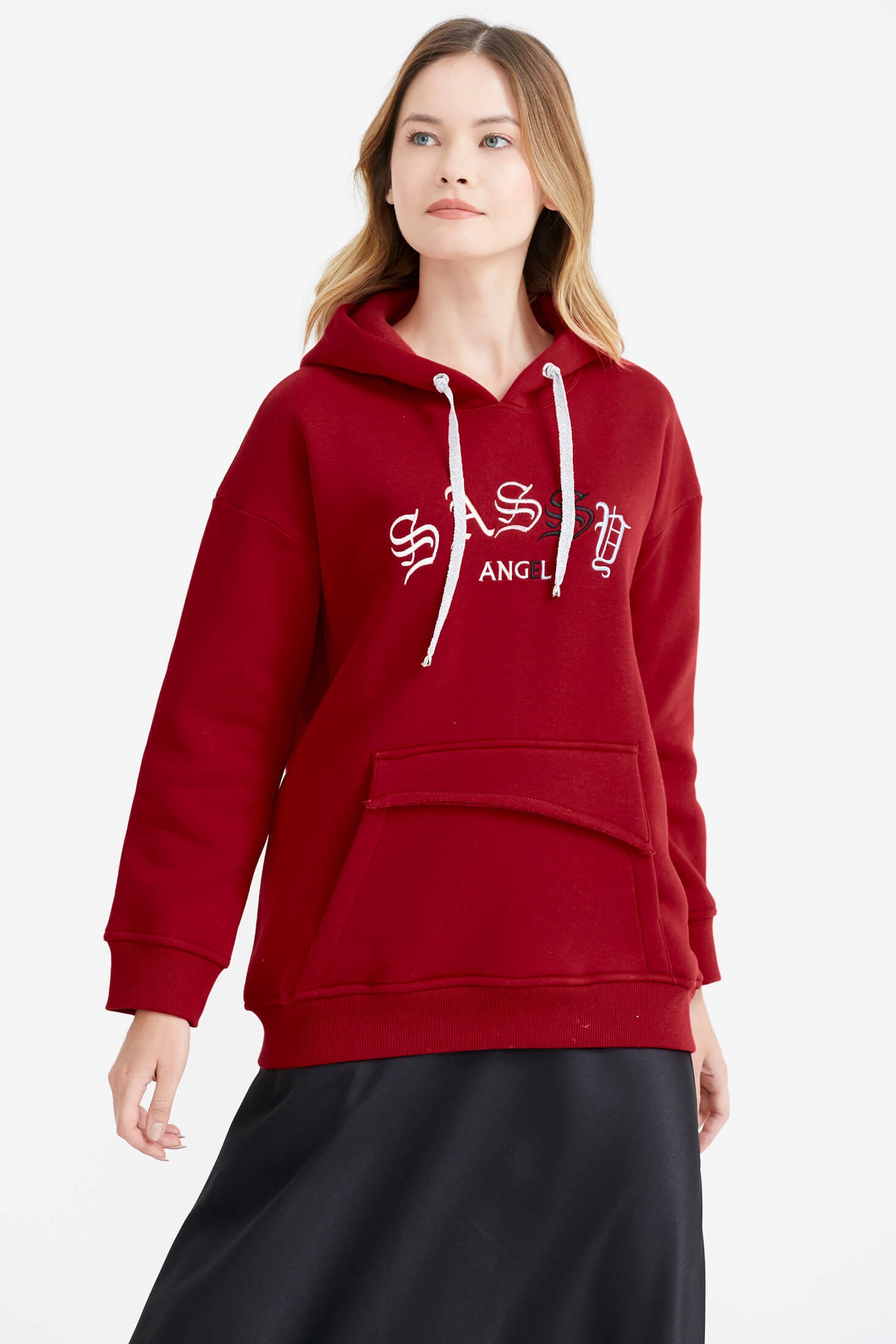 Kapüşonlu Nakış Detaylı Cepli Sweatshirt - Kırmızı (2) Sementa