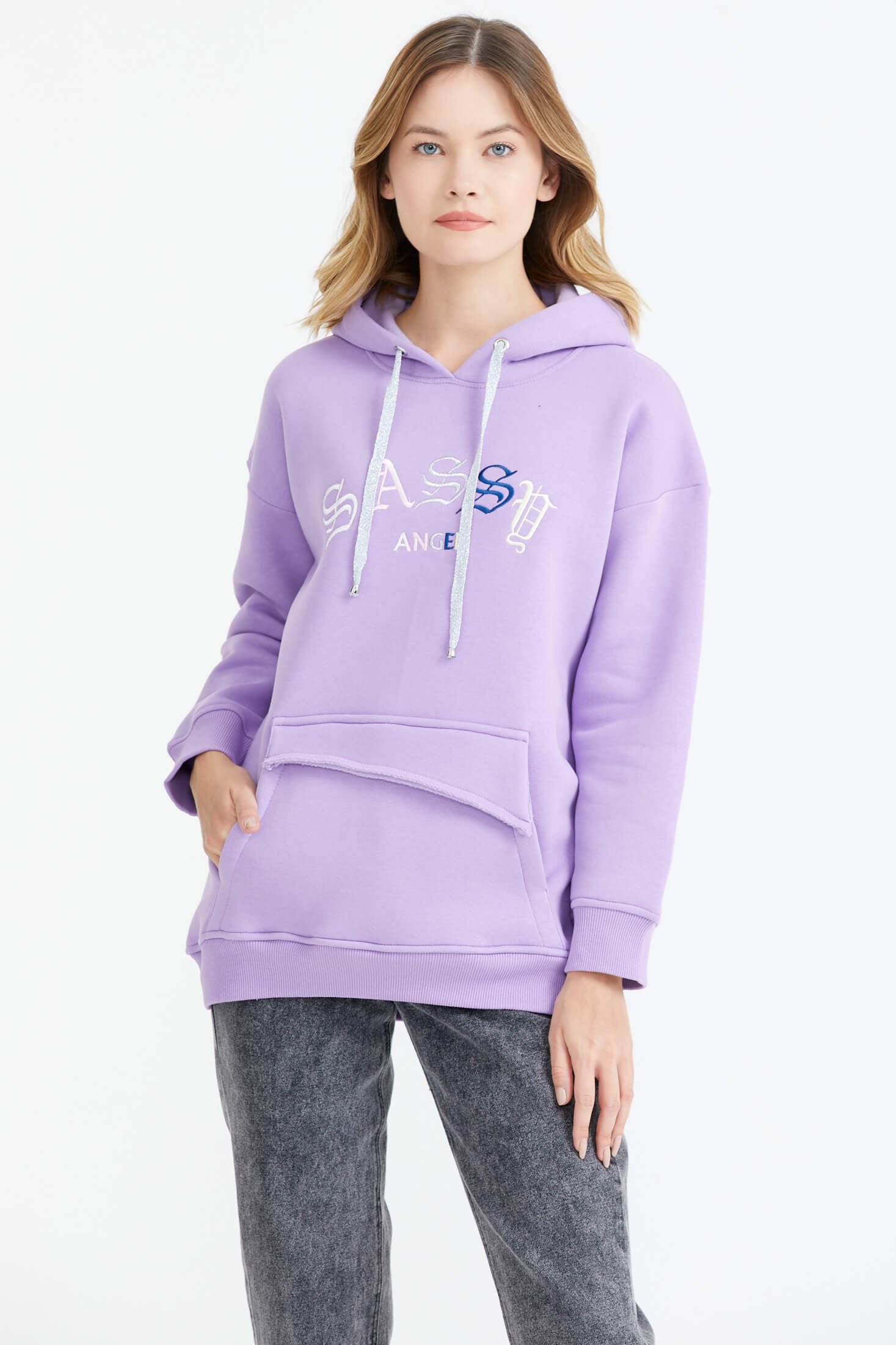 Kapüşonlu Nakış Detaylı Cepli Sweatshirt - Lila (1) Sementa