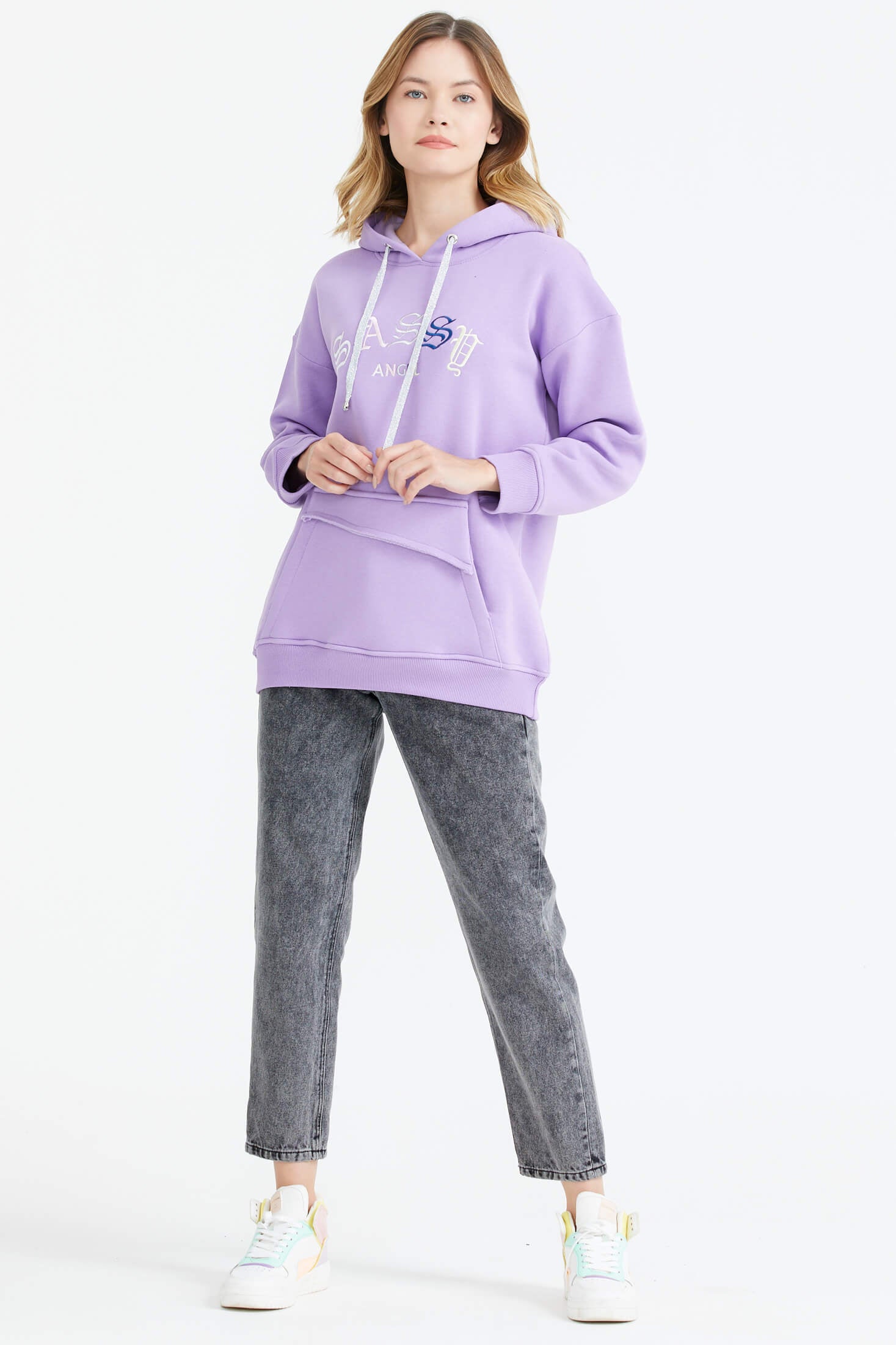 Kapüşonlu Nakış Detaylı Cepli Sweatshirt - Lila (2) Sementa