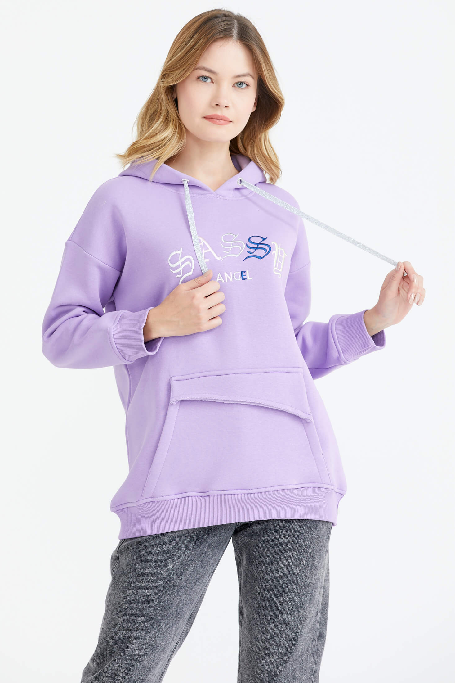 Kapüşonlu Nakış Detaylı Cepli Sweatshirt - Lila (3) Sementa