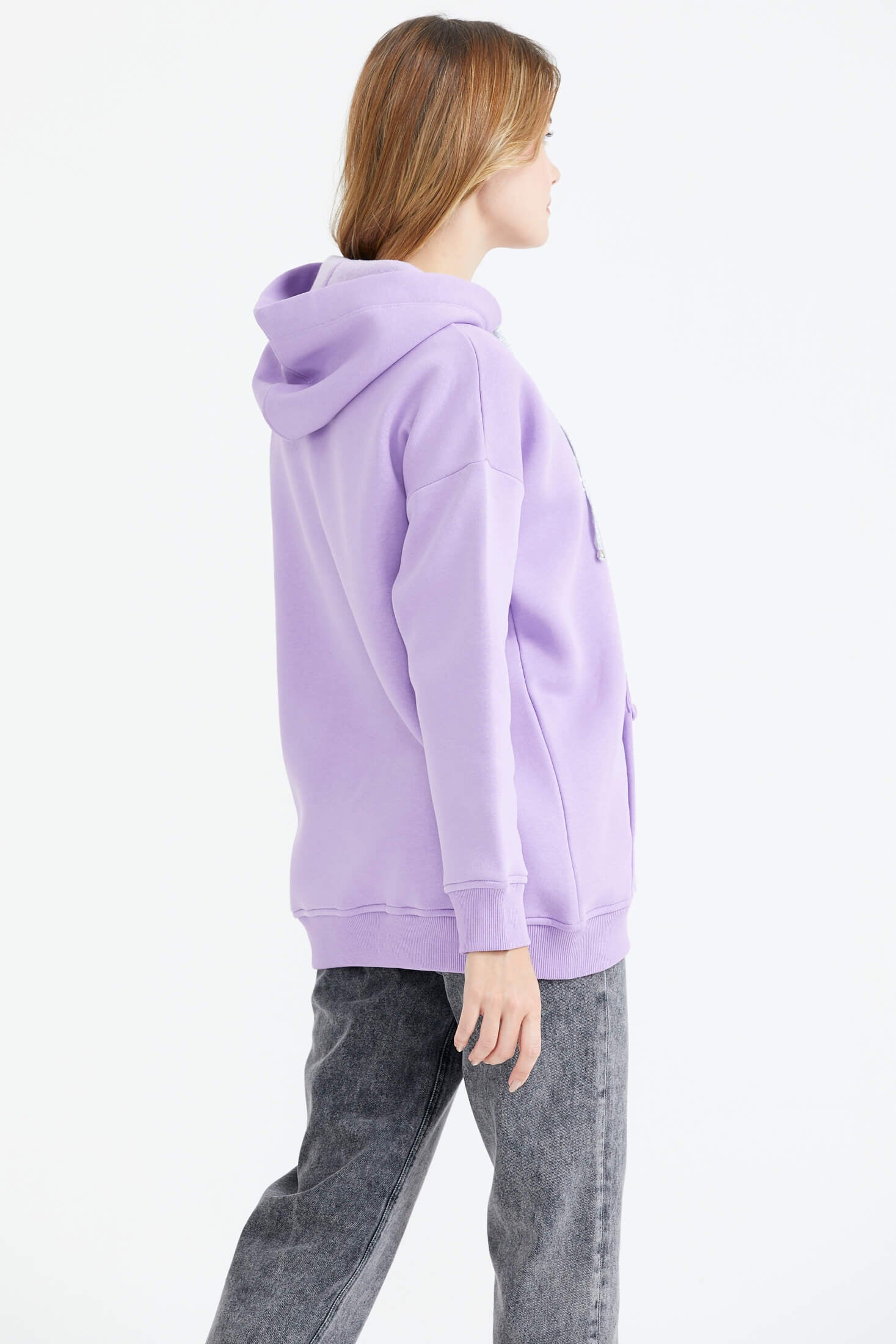 Kapüşonlu Nakış Detaylı Cepli Sweatshirt - Lila (4) Sementa