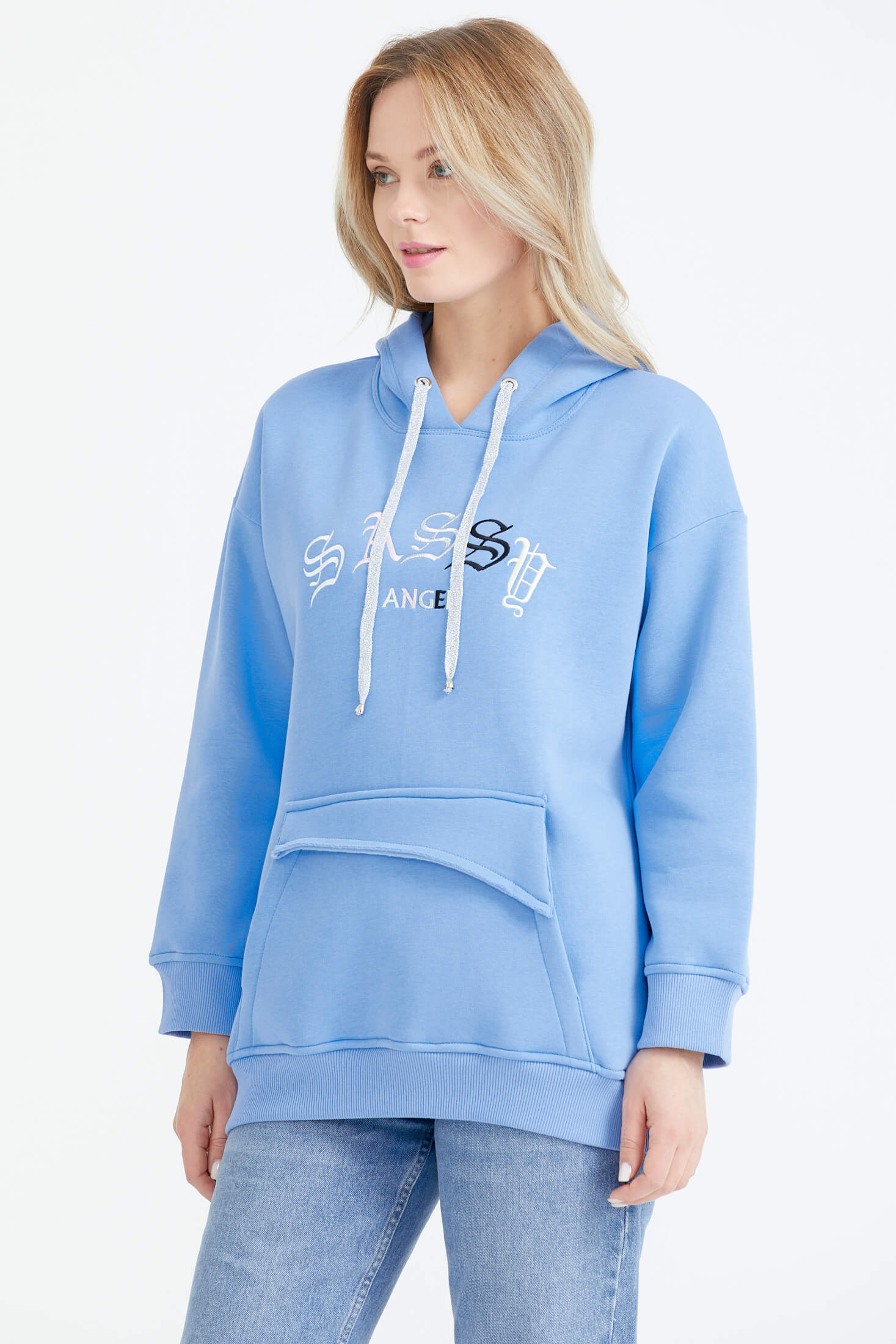 Kapüşonlu Nakış Detaylı Cepli Sweatshirt - Mavi (1) Sementa