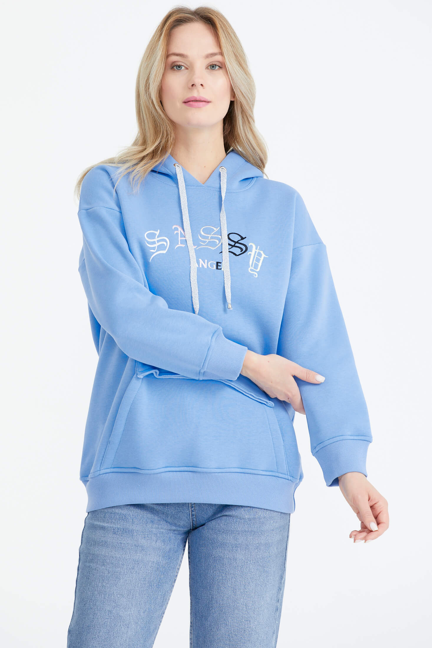 Kapüşonlu Nakış Detaylı Cepli Sweatshirt - Mavi (2) Sementa