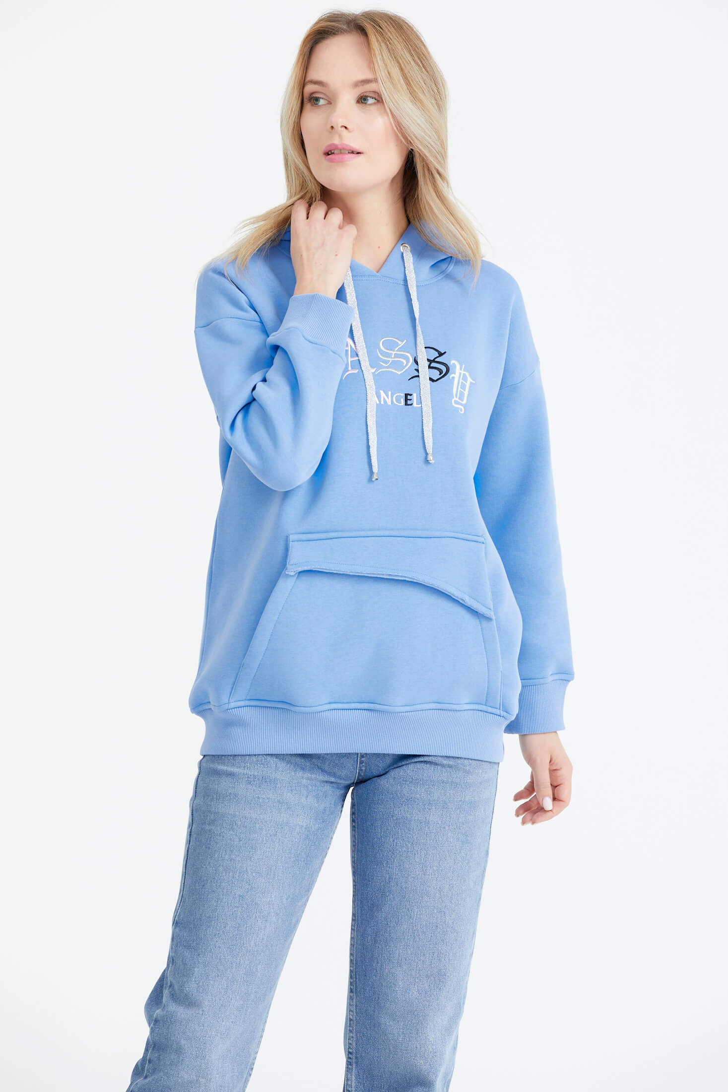 Kapüşonlu Nakış Detaylı Cepli Sweatshirt - Mavi (3) Sementa