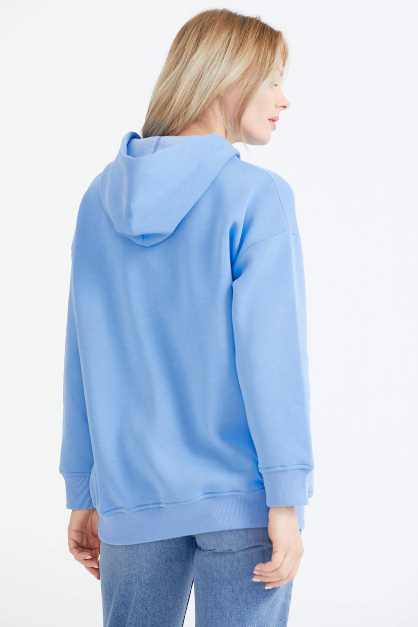 Kapüşonlu Nakış Detaylı Cepli Sweatshirt - Mavi (4) Sementa