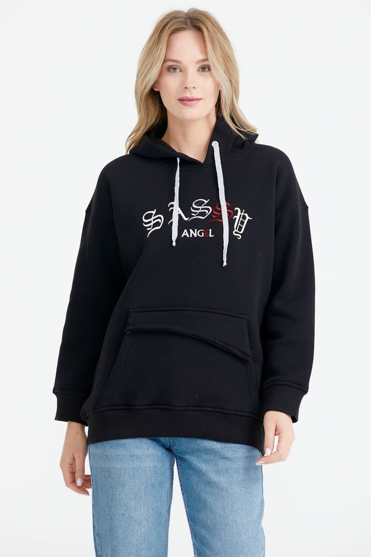 Kapüşonlu Nakış Detaylı Cepli Sweatshirt - Siyah (1) Sementa