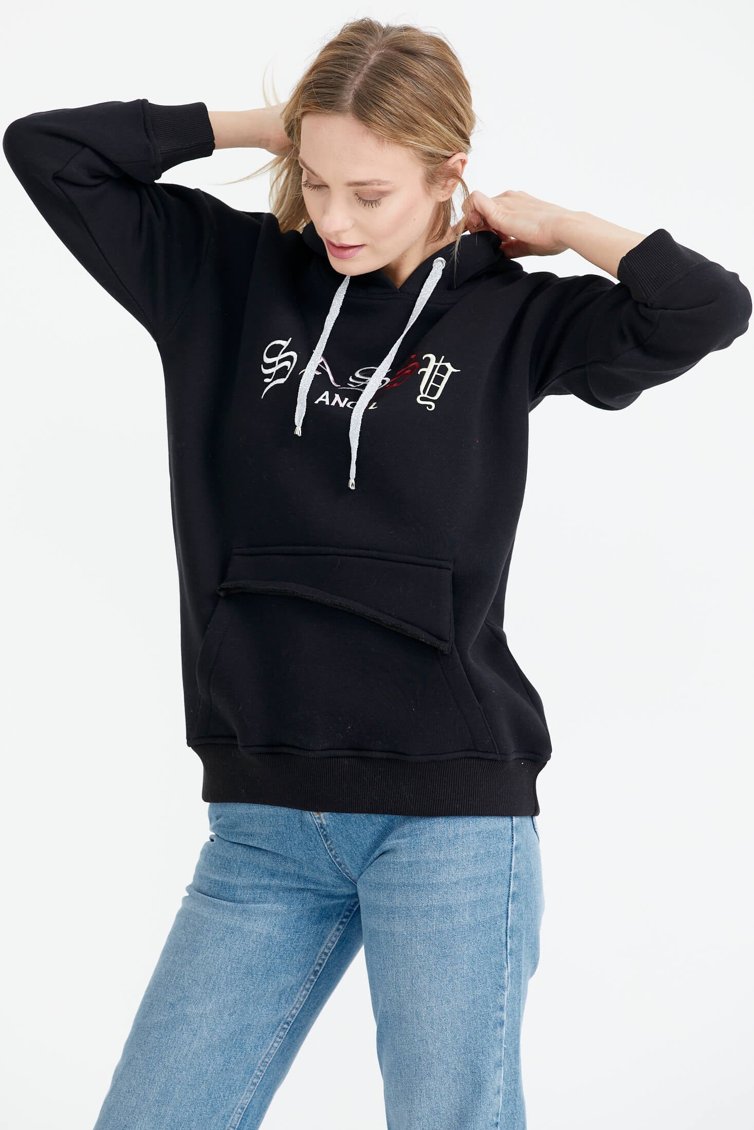 Kapüşonlu Nakış Detaylı Cepli Sweatshirt - Siyah (2) Sementa