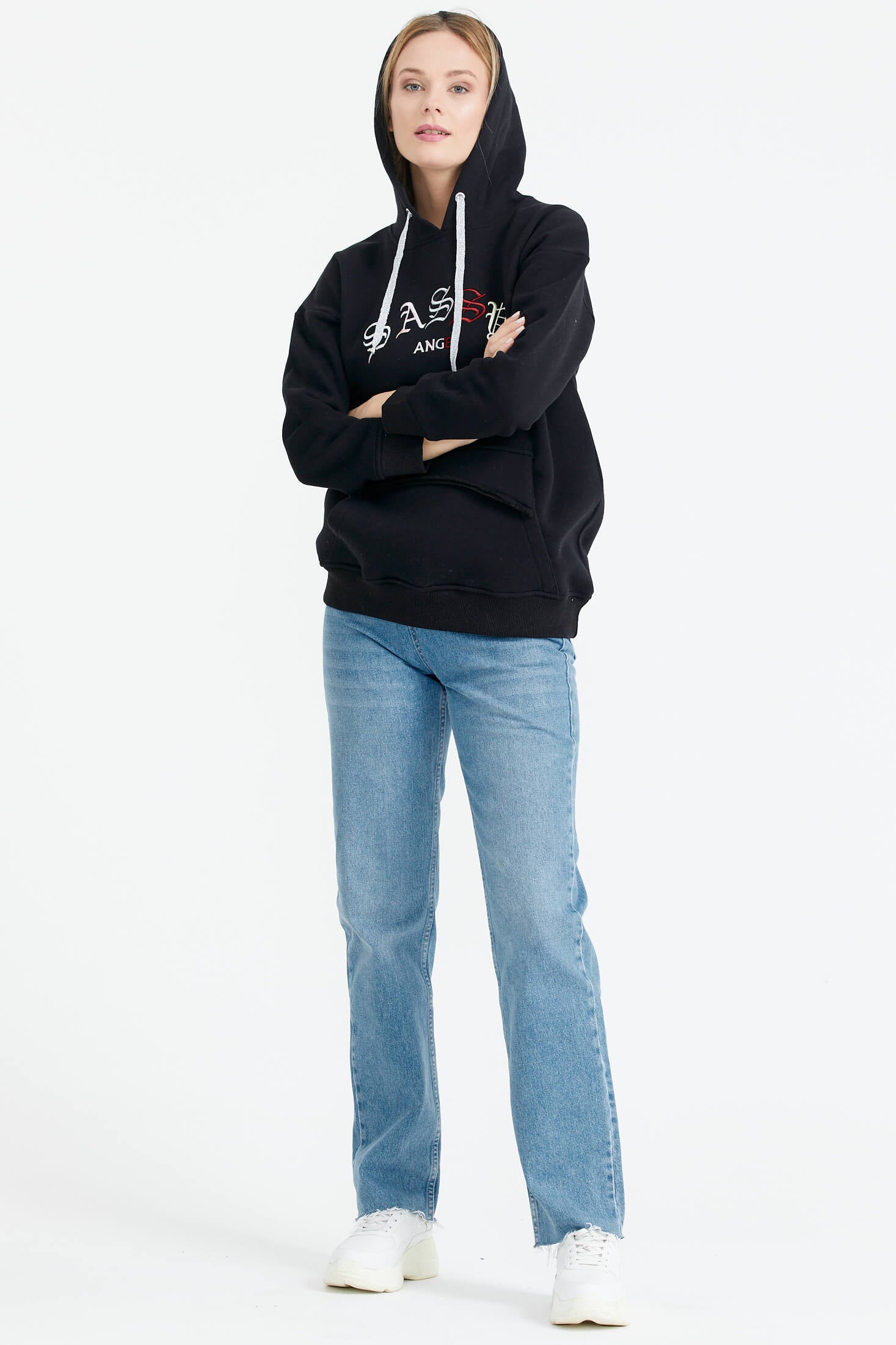 Kapüşonlu Nakış Detaylı Cepli Sweatshirt - Siyah (3) Sementa