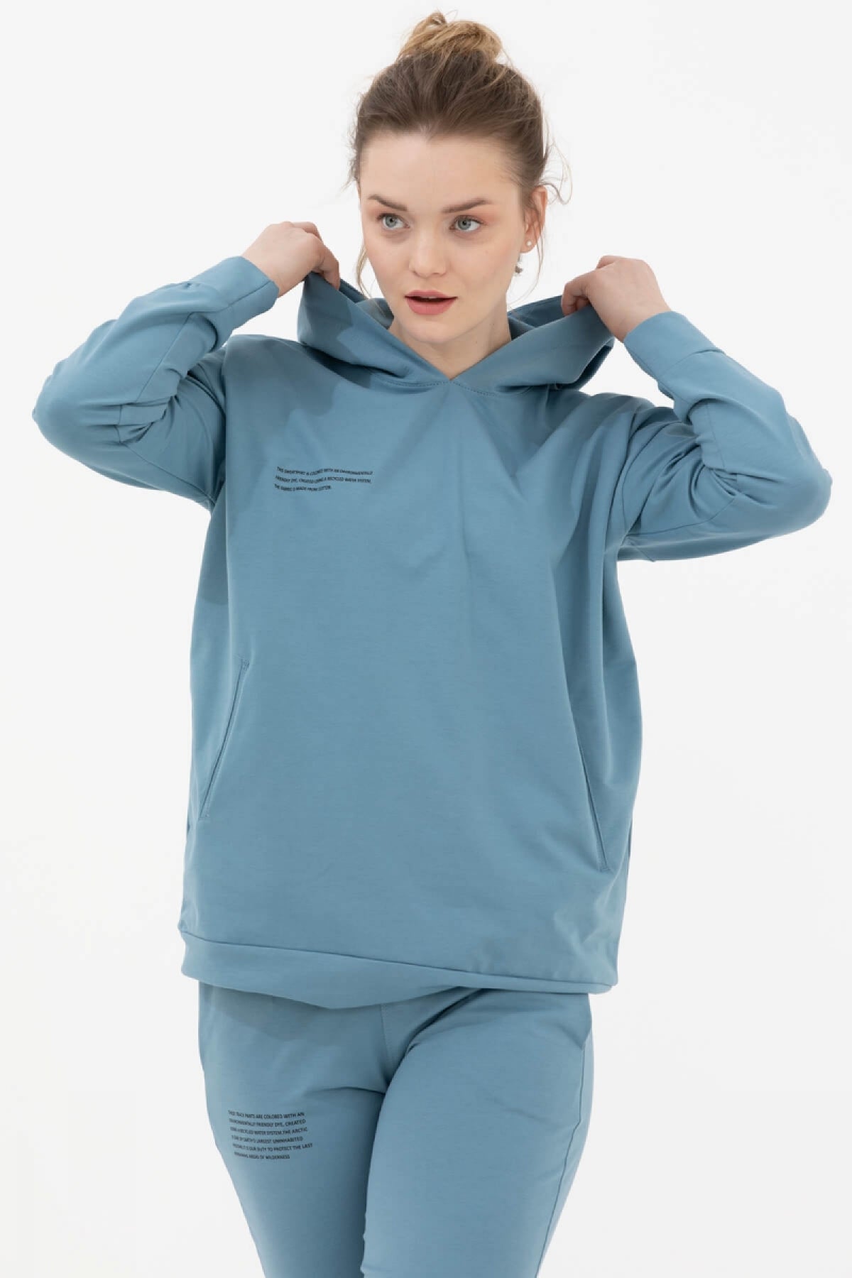 Kapüşonlu Oversize Sweat - Mavi (2) Sementa