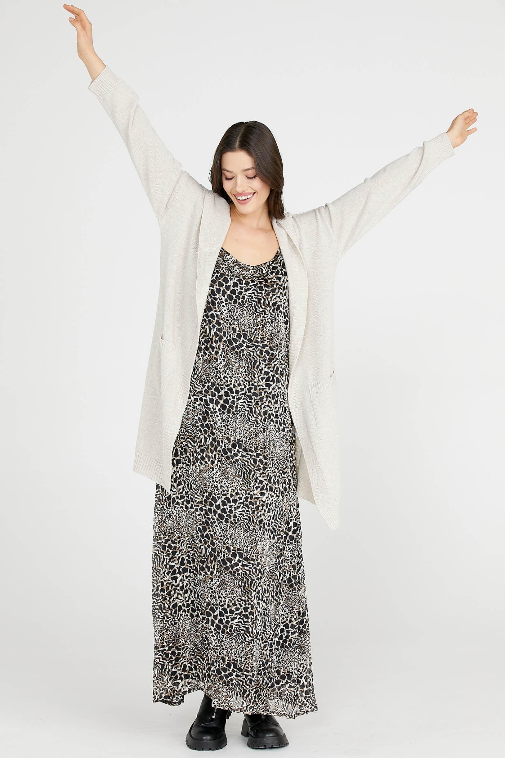 Kapüşonlu Uzun Triko Hırka - Açık Bej (2) Sementa