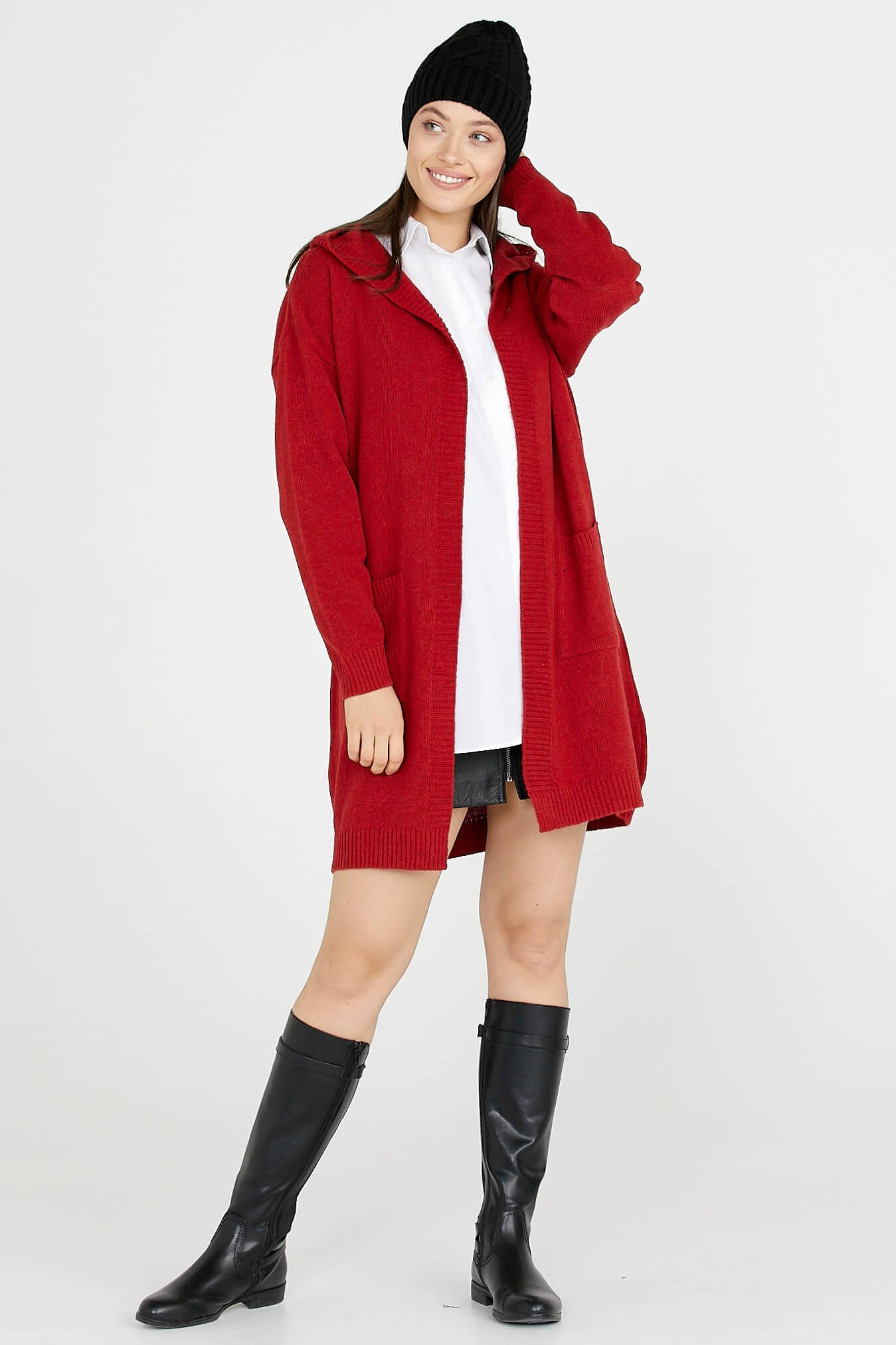 Kapüşonlu Uzun Triko Hırka - Kırmızı (2) Sementa