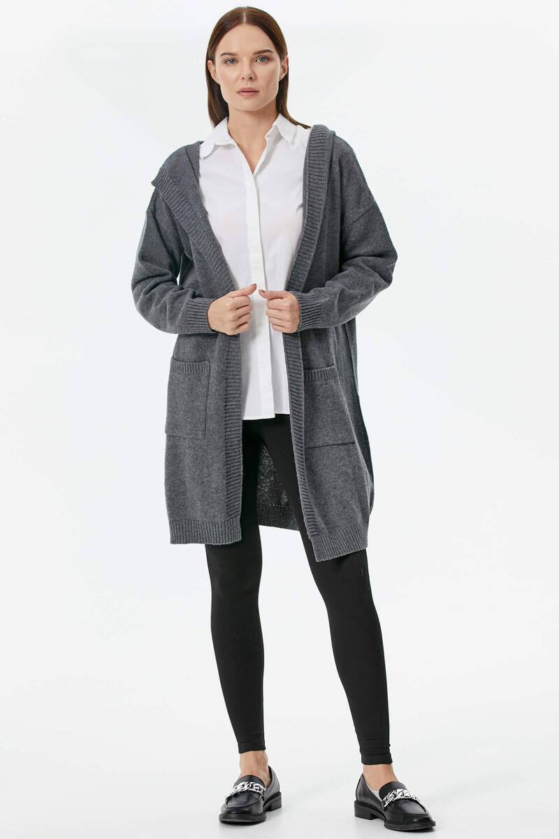 Kapüşonlu Uzun Triko Hırka - Koyu Gri (2) Sementa