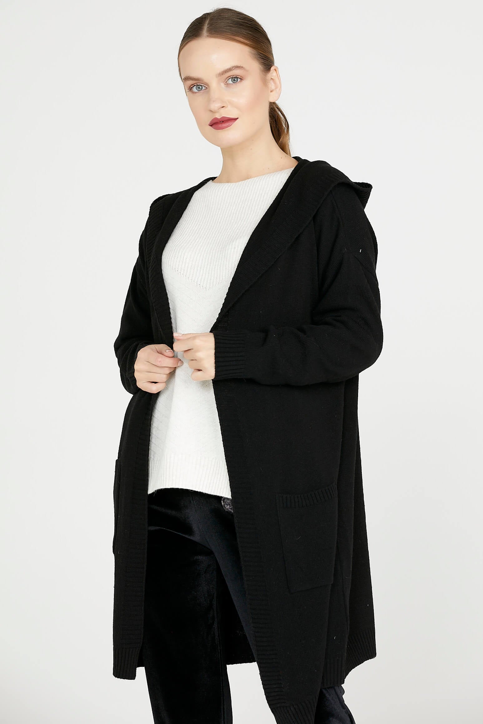 Kapüşonlu Uzun Triko Hırka - Siyah (1) Sementa