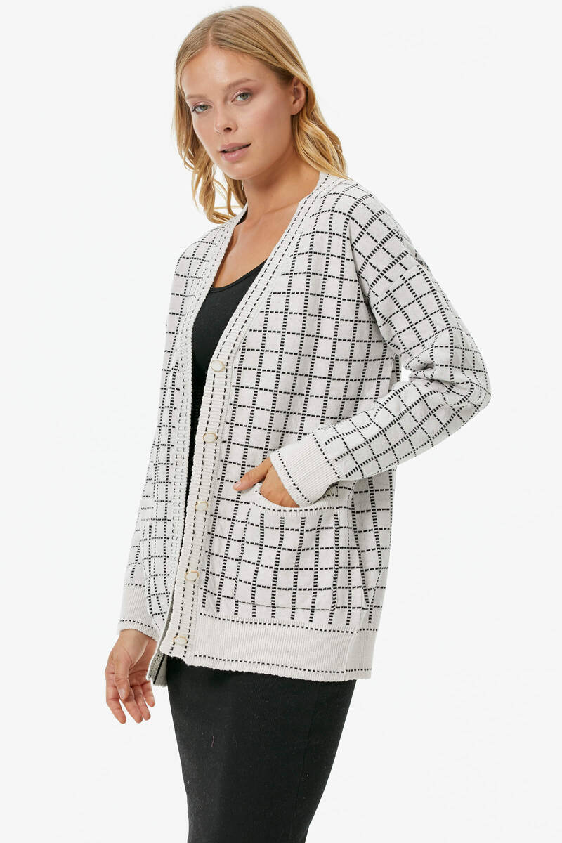 Kare Desenli Triko Hırka - Beyaz (2) Sementa