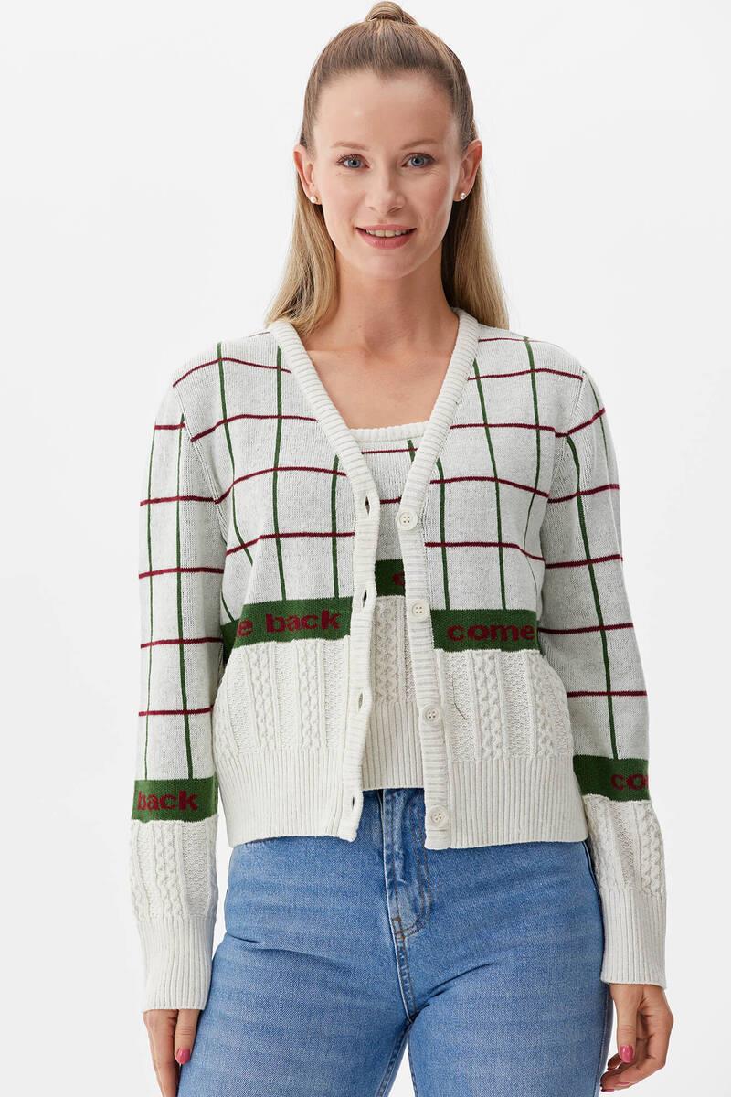 Kare Desenli Triko İkili Hırka Takım - Beyaz (2) Sementa